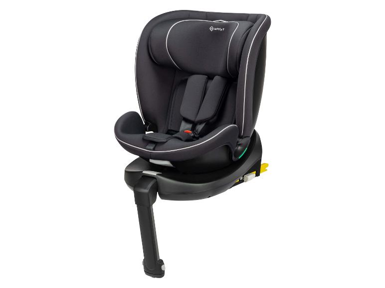 Černá otočná dětská autosedačka s bezpečnostními pásy a základnou Isofix
