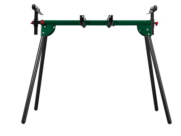 Zelený skládací pracovní stůl s nastavitelnými držáky.