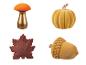Kolekce podzimních dekorativních předmětů: houba, dýně, list a žalud.