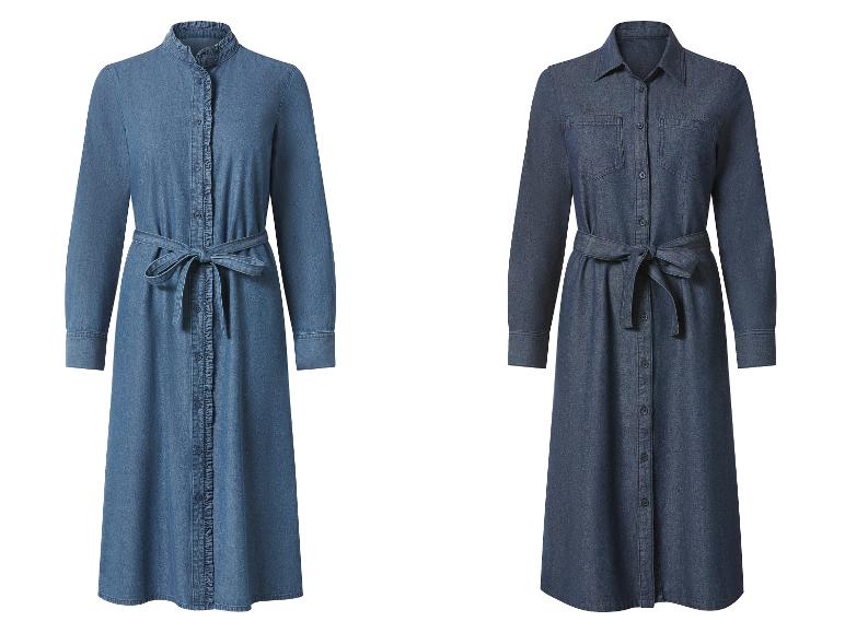 Dvoje dlouhé džínové šaty s dlouhými rukávy: světle modré s volánky a tmavě modré s kapsami.