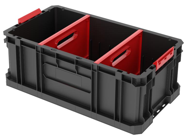 Černý úložný box s červenými přepážkami pro organizaci nářadí nebo drobných předmětů.
