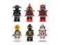 Šest LEGO Ninjago minifigurek: ninja, dva červení démoni, zlatý ninja, černý ninja a ženská postava.