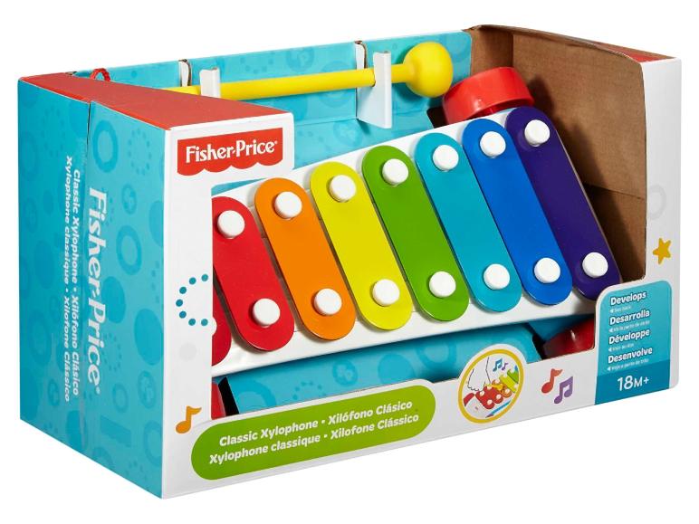 Klasický xylofon Fisher-Price s barevnými klávesami a paličkou, pro děti od 18 měsíců+