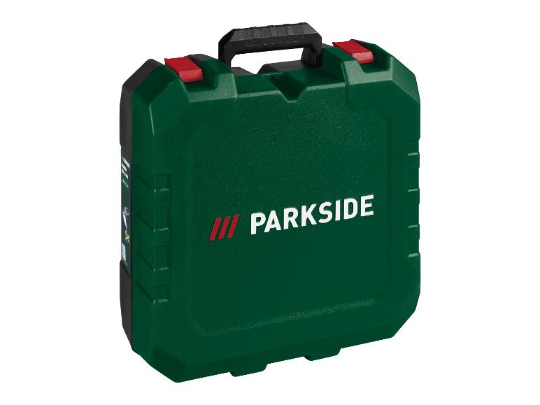 Zelený kufr na nářadí Parkside s černou rukojetí a červenými uzávěry.