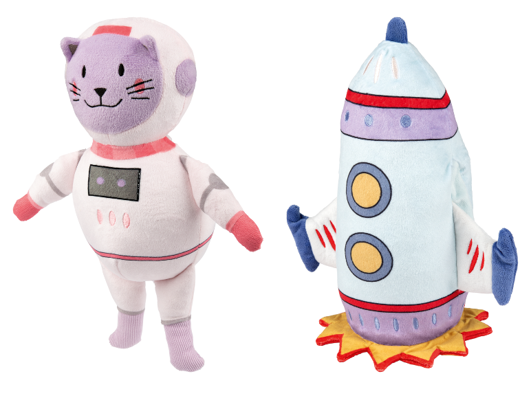 Plyšové hračky: astronaut kočka a raketa.
