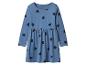 Dívčí modré šaty s černými srdíčky, dlouhým rukávem a nabíraným pasem.