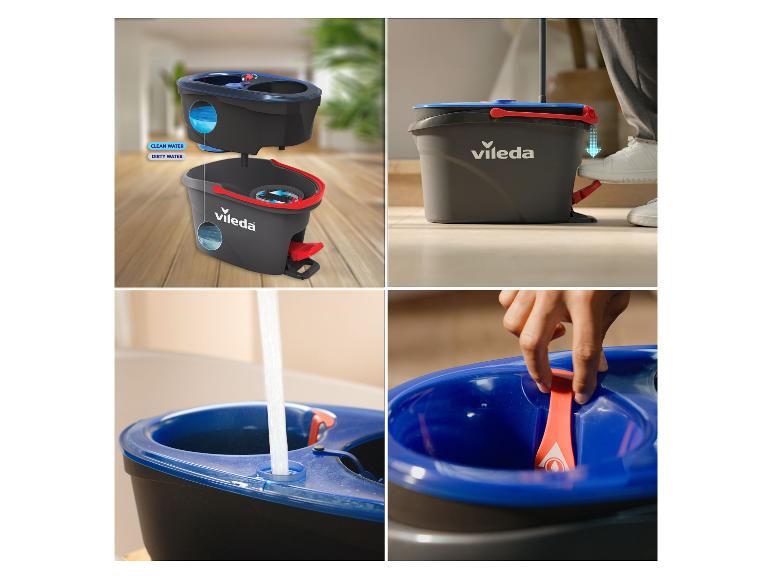 Systém kbelíku na mop Vileda s oddělenými přihrádkami na čistou a špinavou vodu a nožním pedálem.