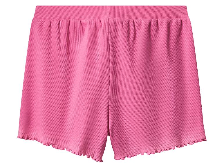 Růžové žebrované šortky, volánový lem.