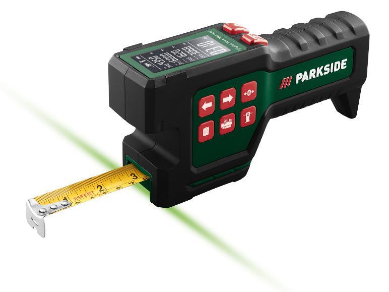 Černozelený laserový měřič vzdálenosti Parkside se žlutým měřicím pásmem.