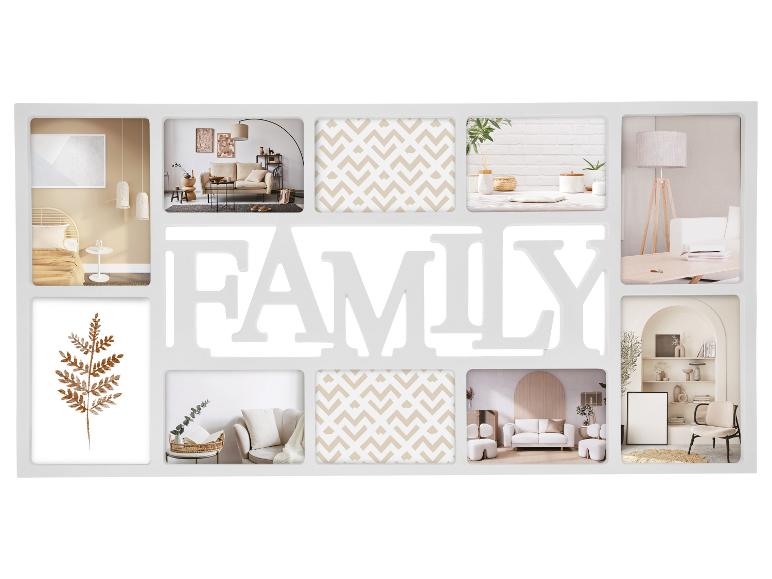 Bílý fotorámeček s více otvory tvořící slovo „FAMILY“ s různými obrázky bytového designu.