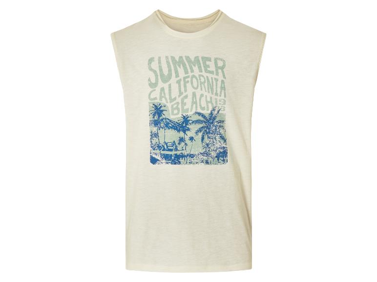 Bílé tílko s potiskem palem a textem "Summer California Beach 1973".