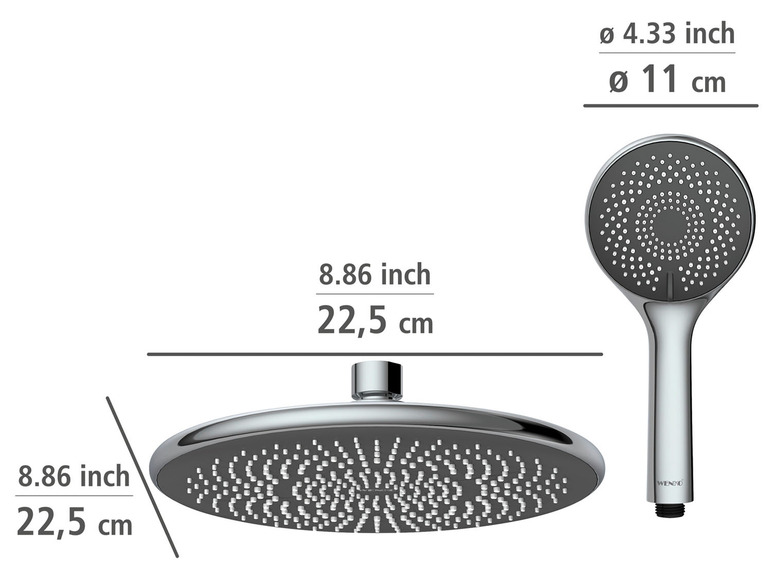 Sprchová hlavice WENKO s kulatou dešťovou sprchou a ruční sprchou.