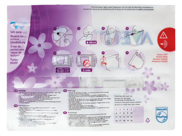  Zobrazit na celou obrazovku Philips AVENT Sterilizační sáčky do mikrovlnné trouby SCF297/05, 5 kusů - Obrázek 3