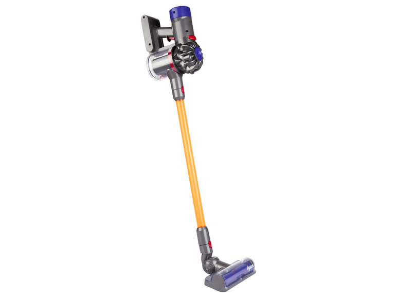Dyson vysavač s oranžovou rukojetí a modrou hlavou.