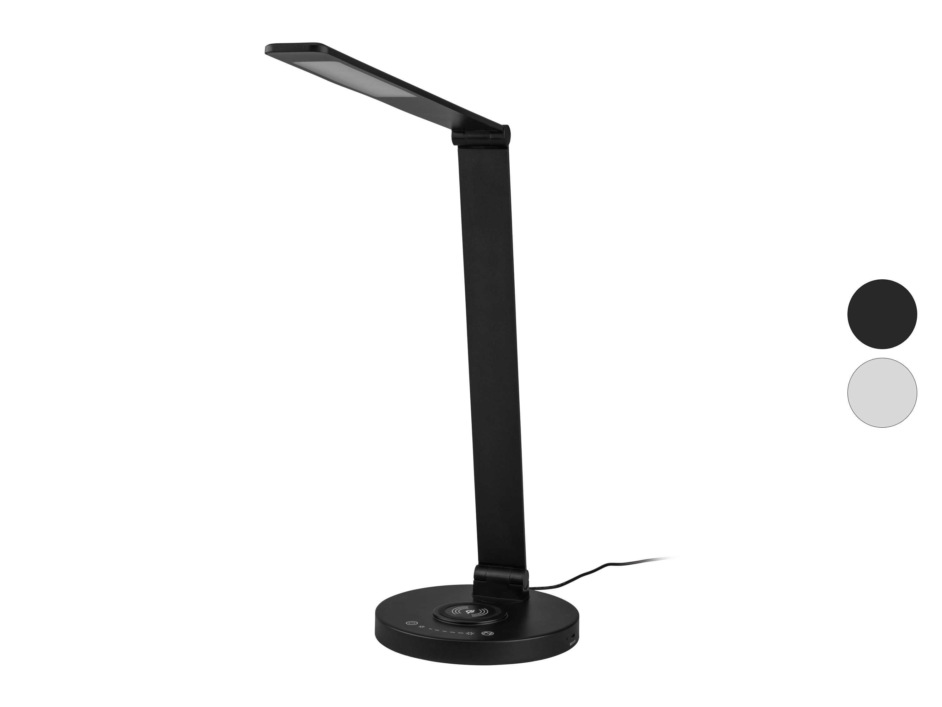 Černá LED stolní lampa s bezdrátovou nabíječkou a dvěma vzorky barev.