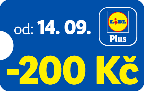 Modrý štítek s textem 'od 14. 09.' a slevou '-200 Kč'.