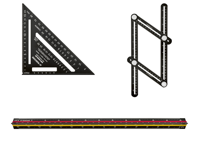 Sada černých pravítka Parkside, včetně trojúhelníku, skládacího pravítka a rovného pravítka.