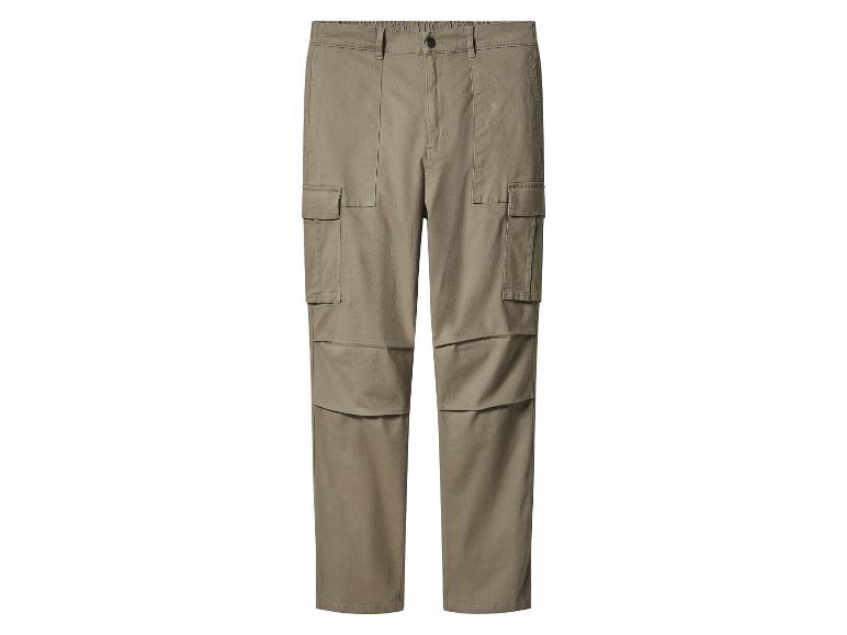 Khaki cargo kalhoty s bočními kapsami a detaily švů.