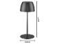 Černá stolní lampa s výškou 20 cm a průměrem základny 8 cm.