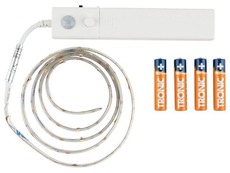 LED pásek s pohybovým senzorem, napájený bateriemi, a čtyři baterie TRONIC+.
