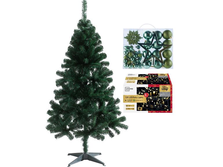 Umělý vánoční stromek se zelenými ozdobami a LED světýlky
