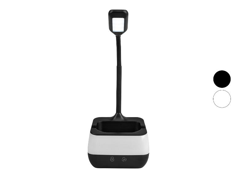 LED stolní lampa s organizérem a možnostmi bílé a černé barvy.