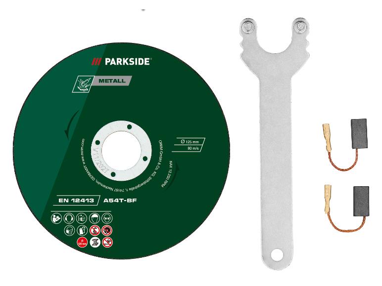 Řezný kotouč Parkside na kov, klíč a uhlíkové kartáče.