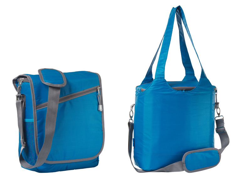 Dvě modré chladicí tašky s popruhem na rameno a rukojetí.