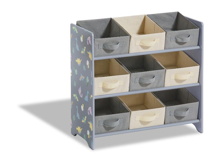Šedý úložný regál s potiskem dinosaurů a devíti úložnými boxy.