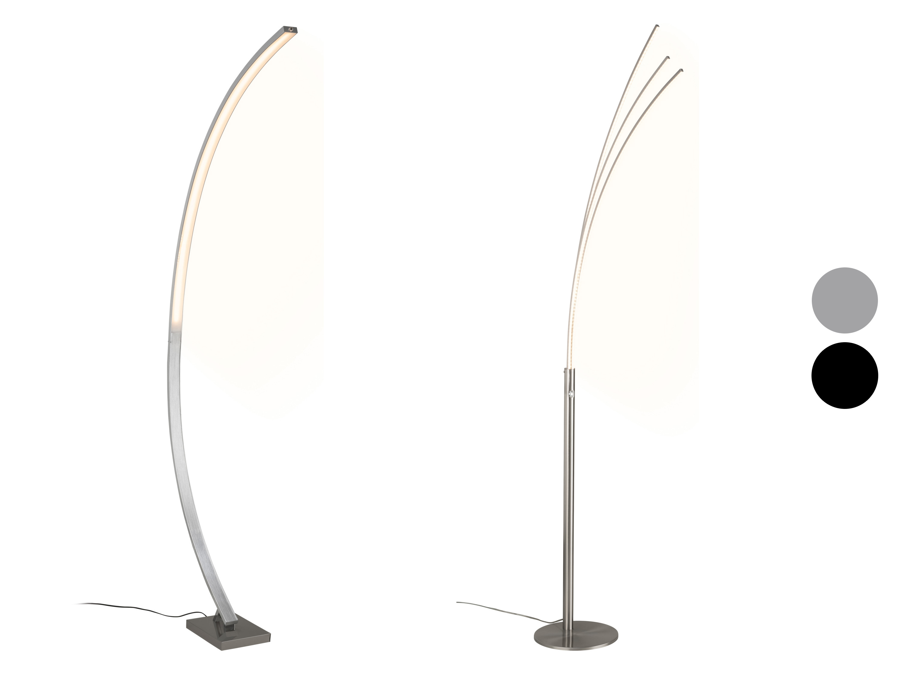 Dvě moderní stříbrné LED stojací lampy, jedna se zakřiveným ramenem, druhá se třemi