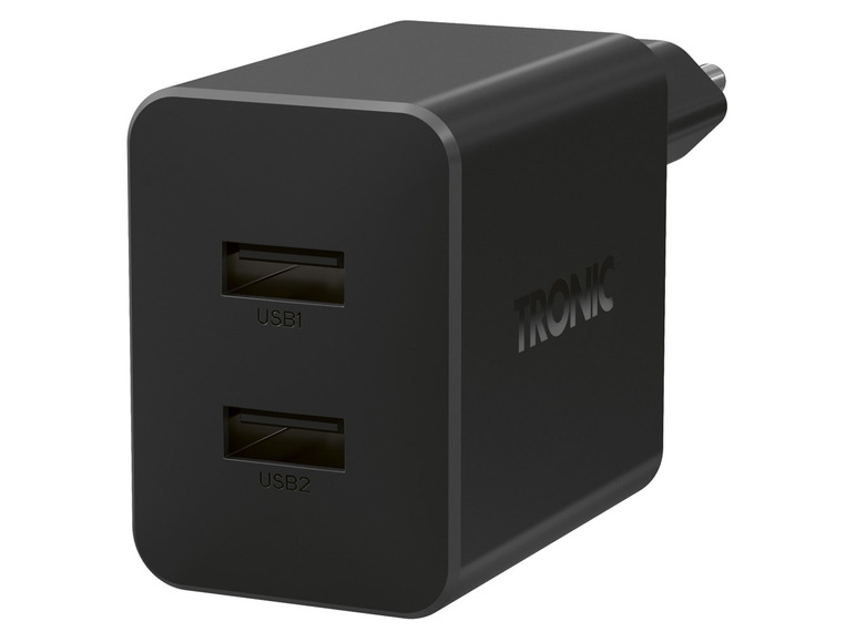 Černá nabíječka TRONIC USB se dvěma porty.