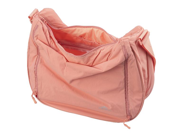 Růžová crossbody taška s více kapsami na zip.