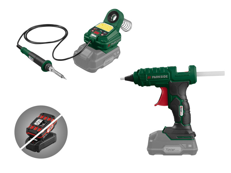 Parkside X20V Team akumulátorová pájka a tavná pistole s příslušenstvím.