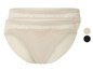 Dvě béžové kalhotky s krajkovým lemem.