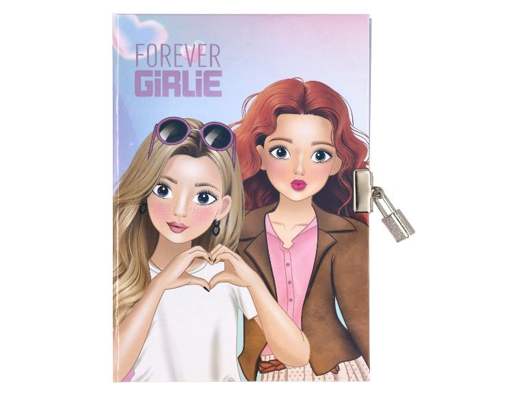 Deník se zámkem, s kreslenými dívkami a textem „FOREVER GIRLIE“.