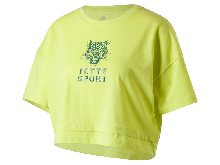Žluté tričko Crivit s krátkým rukávem s potiskem leoparda a textem 'JETTE SPORT'.