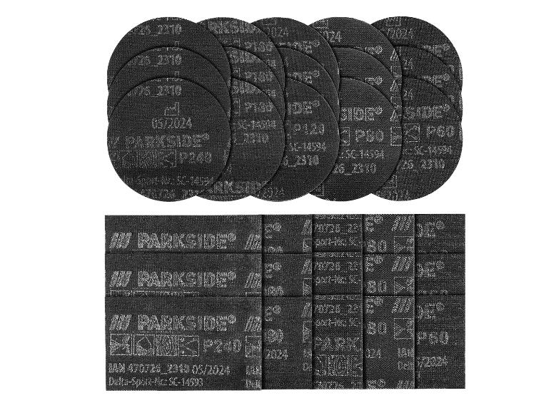 Kulaté a obdélníkové brusné kotouče s různými zrnitostmi, včetně P240, P180, P120 a P60.