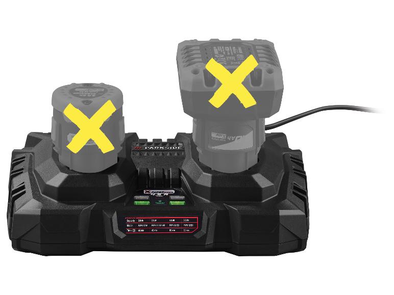 Dvojitá nabíječka Parkside pro baterie elektrického nářadí.