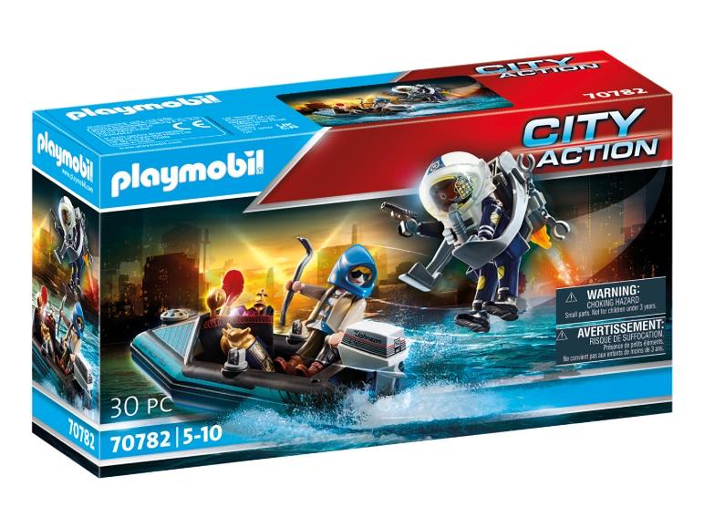 Playmobil City Action krabice s lodí a dvěma figurkami, jedna létá.