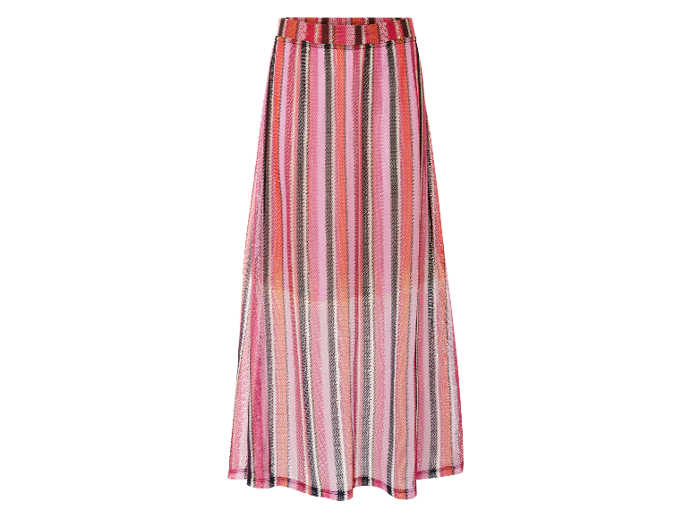 Dlouhá růžovo-oranžová pruhovaná sukně.