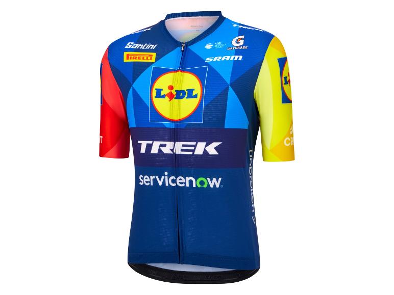 Modrý a žlutý cyklistický dres s geometrickými vzory a logy.
