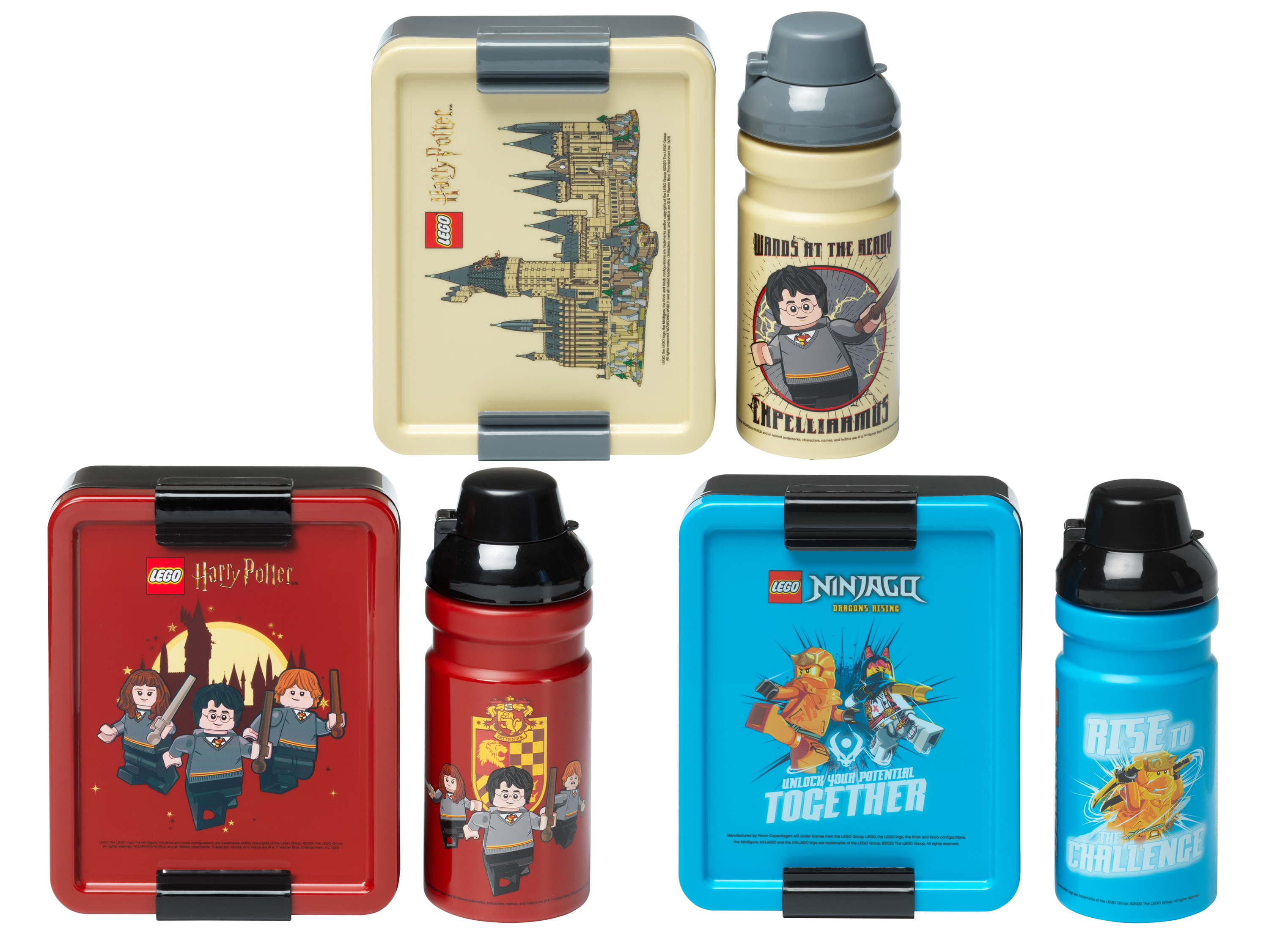 LEGO Harry Potter krabička na oběd, láhev na pití a LEGO Ninjago krabička na oběd a láhev na pití.