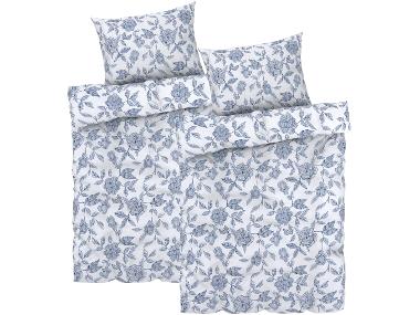Sada saténového ložního povlečení, 140 x 200 cm, 70 x 90 cm, květiny/modrá/bílá, 2dílná