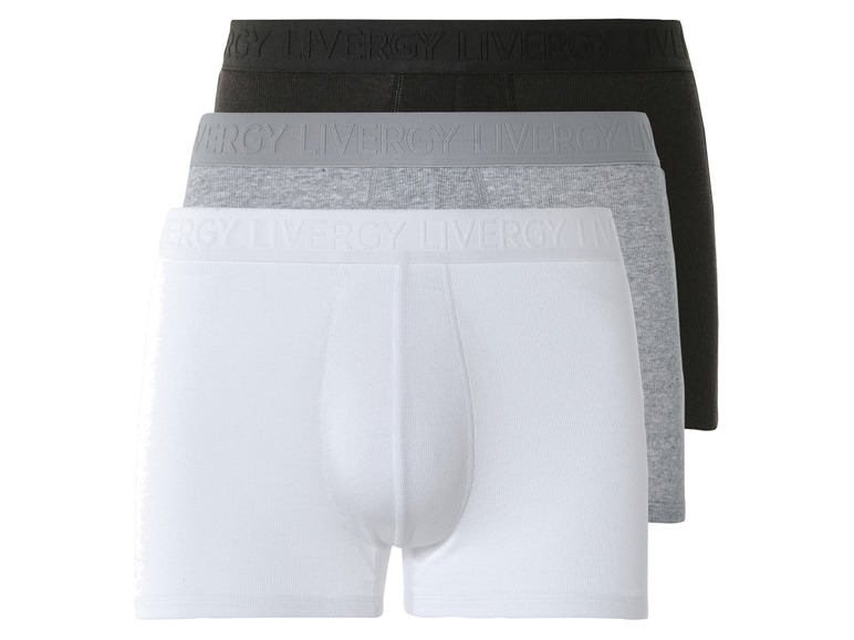 Tři páry pánských boxerů Livery v bílé, šedé a černé barvě.