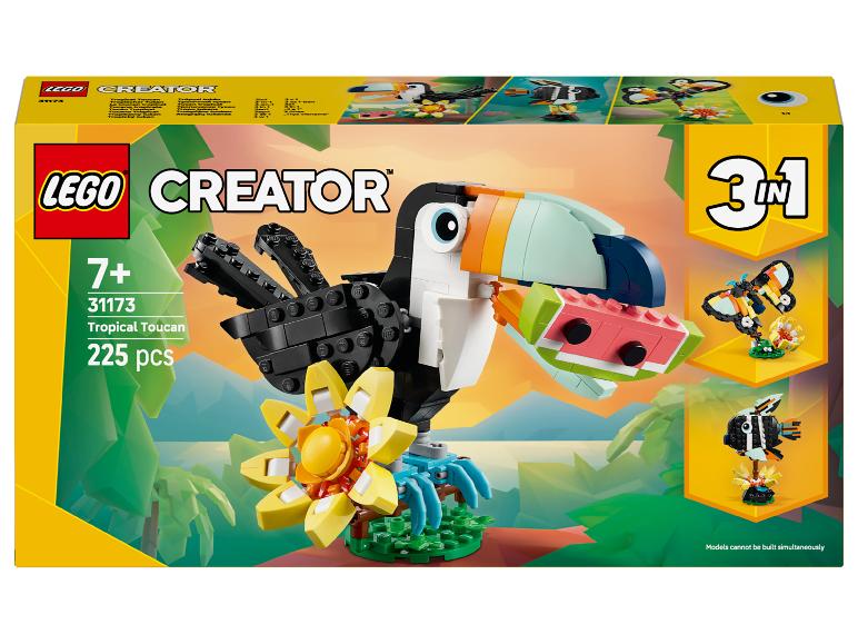 LEGO Creator 3-v-1 krabice s tropickým tukanem, motýlem a rybou.