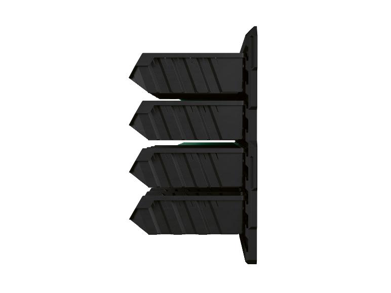 Černý modulární organizér se čtyřmi výsuvnými přihrádkami na nářadí nebo součástky.
