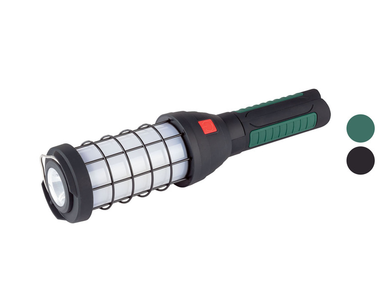 Černá pracovní lampa s ochranným krytem a rukojetí.