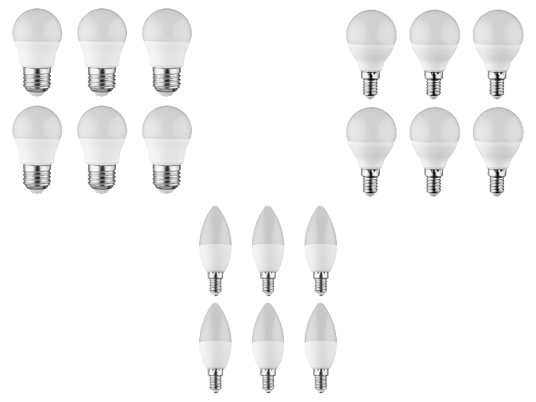 Různé LED žárovky: kulaté a svíčkové.