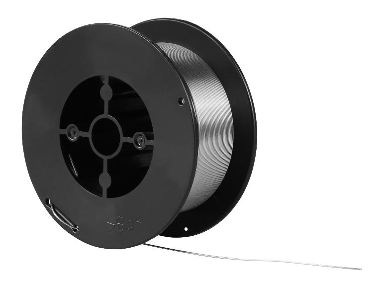 Černá cívka se stříbrným svařovacím drátem, který se odvíjí.