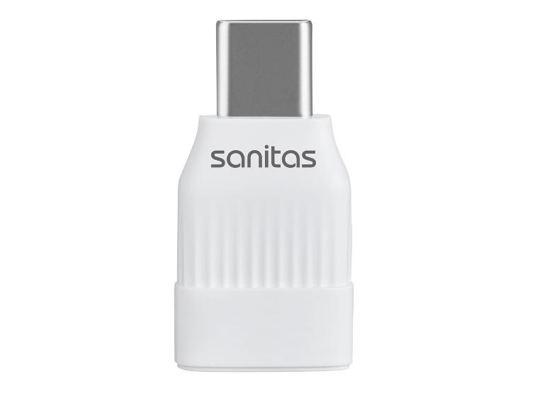 Bílý USB-C adaptér s nápisem 'sanitas'.